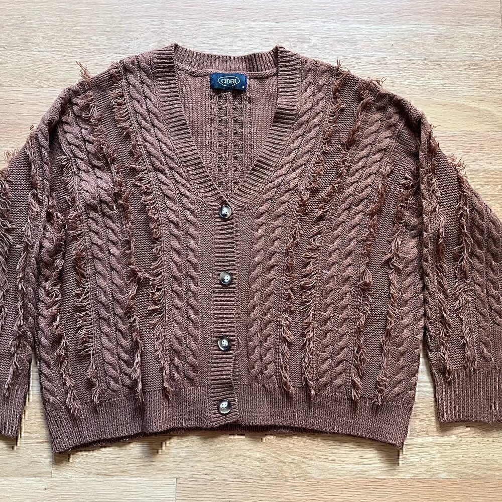 Cider Brown Cable Knit Cardigan with Fringe Size Small